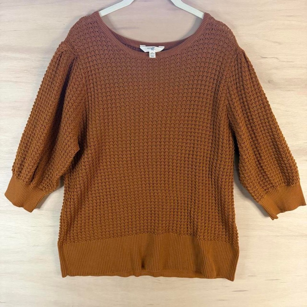 Terra & Sky Women 2X Brown Open Knit Scoop Neck 3/4 Puff Sleeve Sweater Pullover